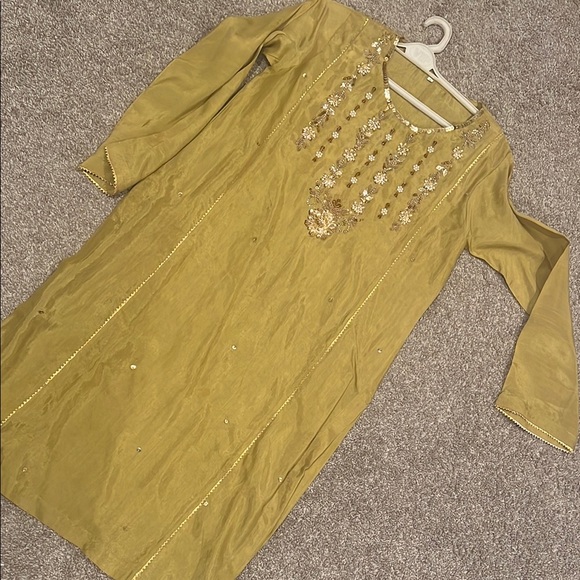Gold Embellished Long Sleeve Dress with Square Neck - Picture 1 of 4